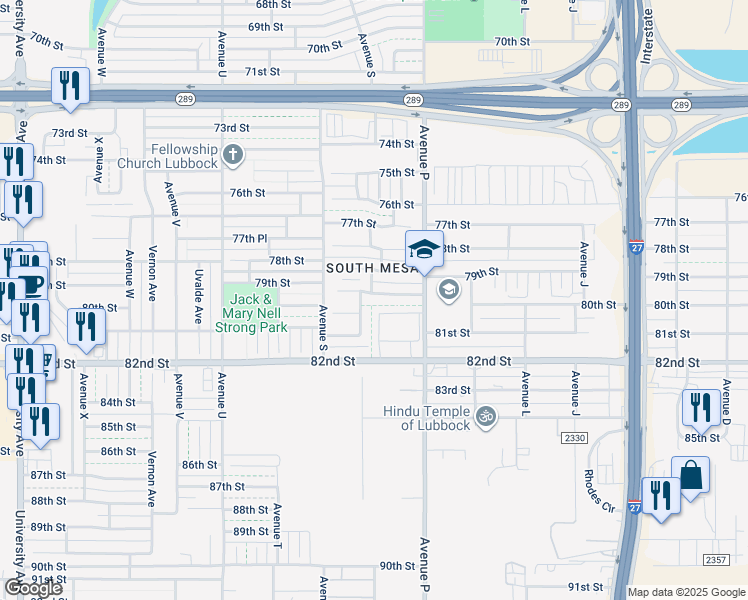 map of restaurants, bars, coffee shops, grocery stores, and more near 1615 79th Place in Lubbock