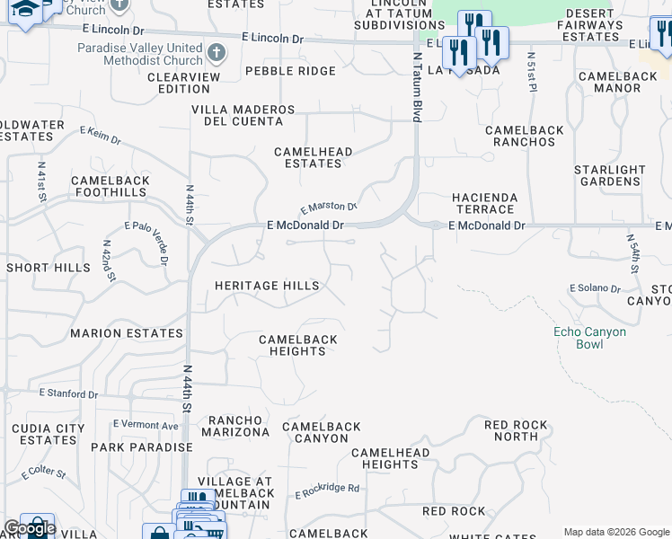 map of restaurants, bars, coffee shops, grocery stores, and more near 4701 East Rancho Drive in Phoenix