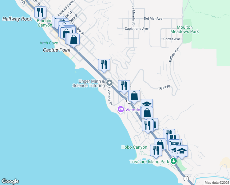 map of restaurants, bars, coffee shops, grocery stores, and more near 181 Sunset Terrace in Laguna Beach