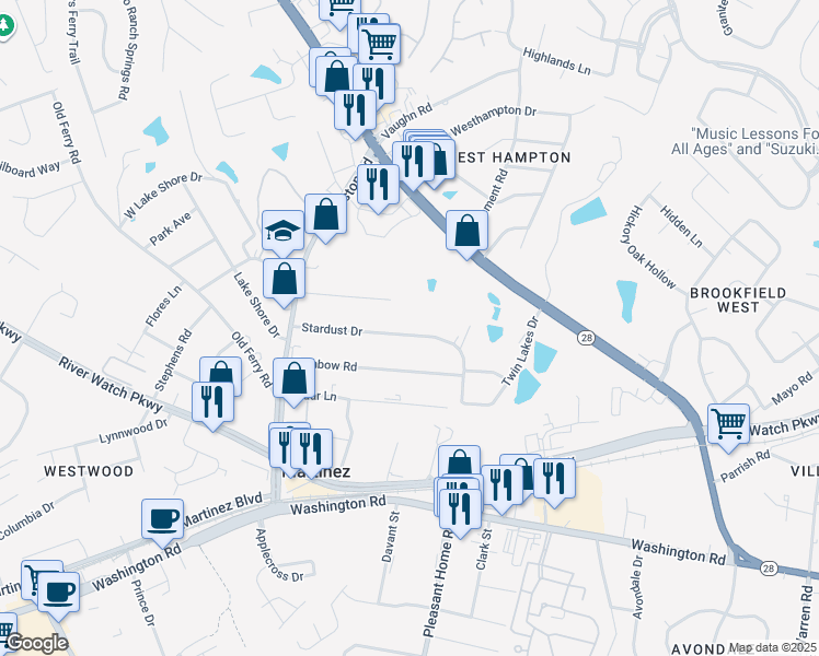 map of restaurants, bars, coffee shops, grocery stores, and more near 3507 Stardust Drive in Martinez