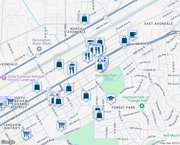 map of restaurants, bars, coffee shops, grocery stores, and more near 3924 4th Avenue South in Birmingham