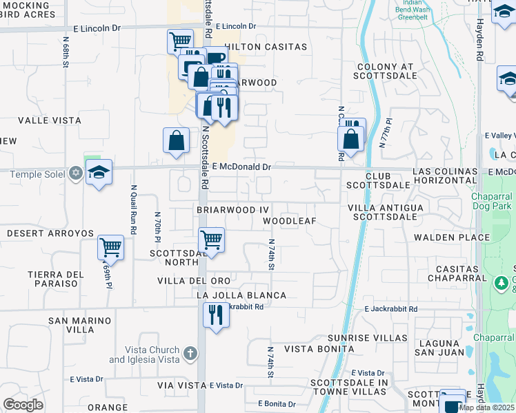 map of restaurants, bars, coffee shops, grocery stores, and more near 7326 East Solano Drive in Scottsdale