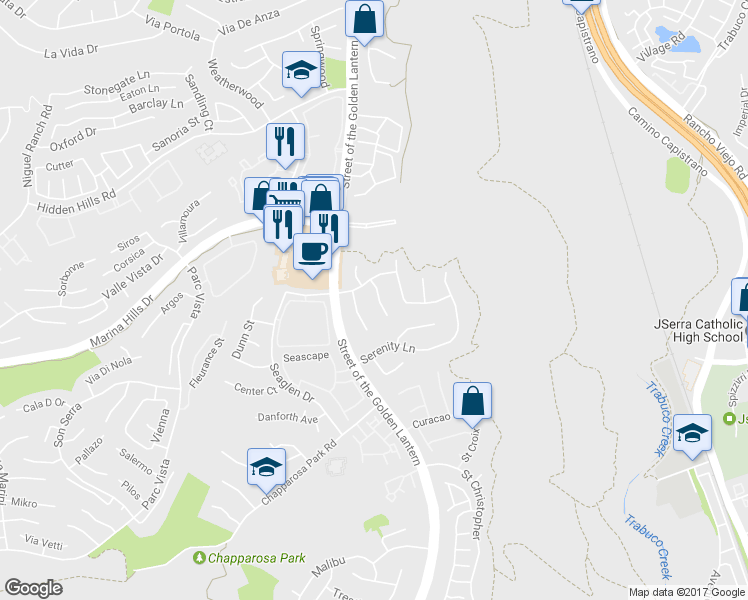 map of restaurants, bars, coffee shops, grocery stores, and more near 5 Fair Oaks in Laguna Niguel