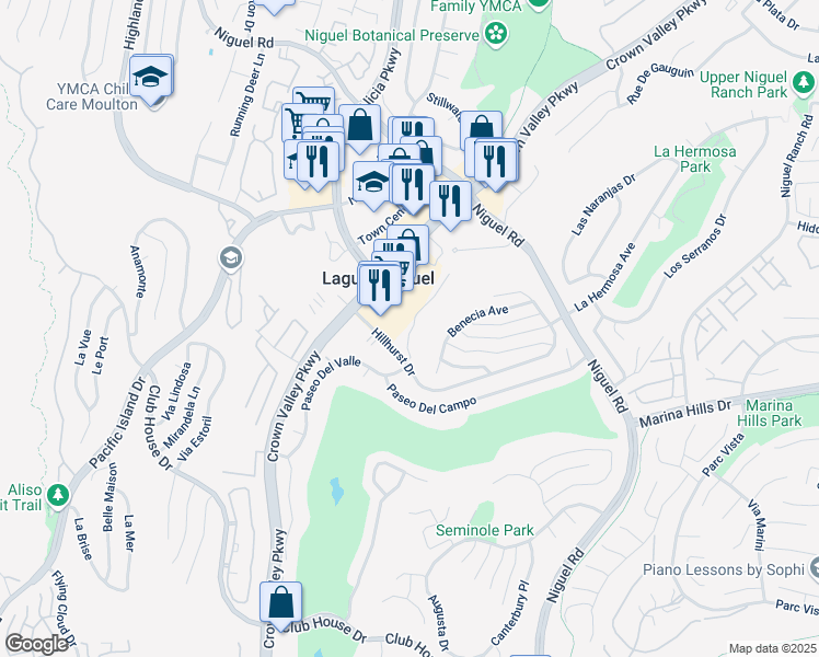 map of restaurants, bars, coffee shops, grocery stores, and more near 30272 Crown Valley Parkway in Laguna Niguel
