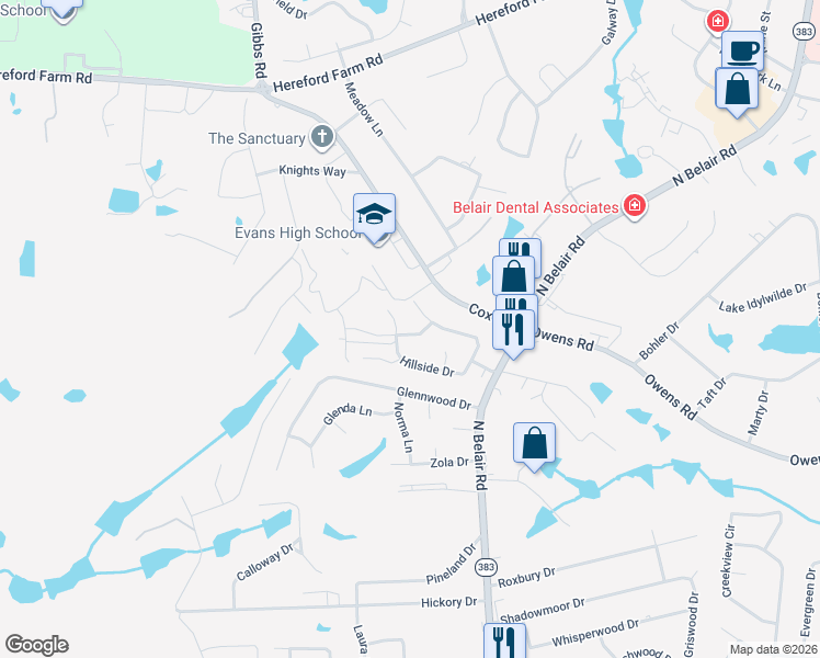 map of restaurants, bars, coffee shops, grocery stores, and more near 231 Dry Creek Road in Evans