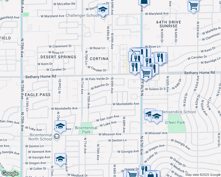 map of restaurants, bars, coffee shops, grocery stores, and more near 6902 West Solano Drive South in Glendale