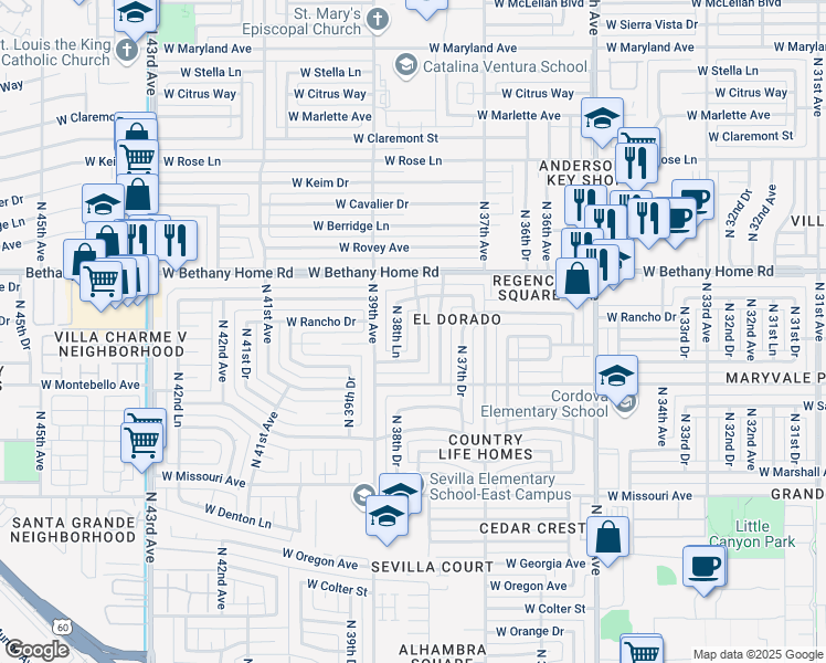 map of restaurants, bars, coffee shops, grocery stores, and more near 5748 North 38th Drive in Phoenix