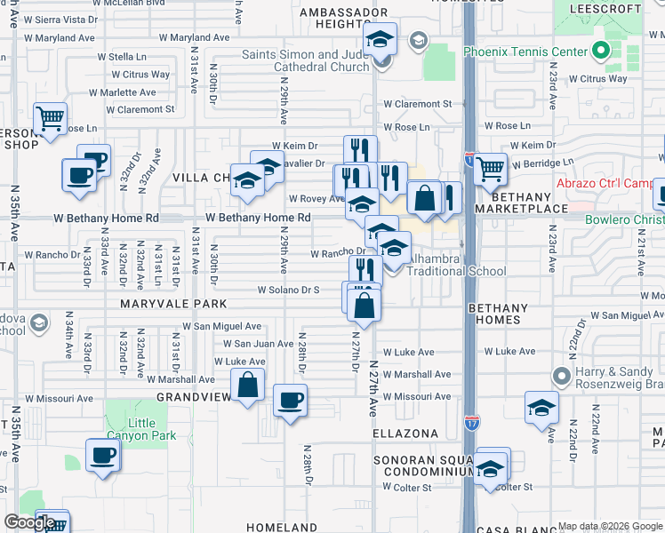 map of restaurants, bars, coffee shops, grocery stores, and more near 2746 West Solano Drive North in Phoenix