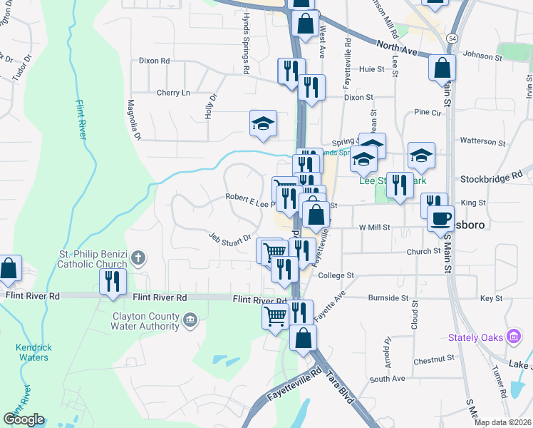 map of restaurants, bars, coffee shops, grocery stores, and more near 777 Jeb Stuart Drive in Jonesboro