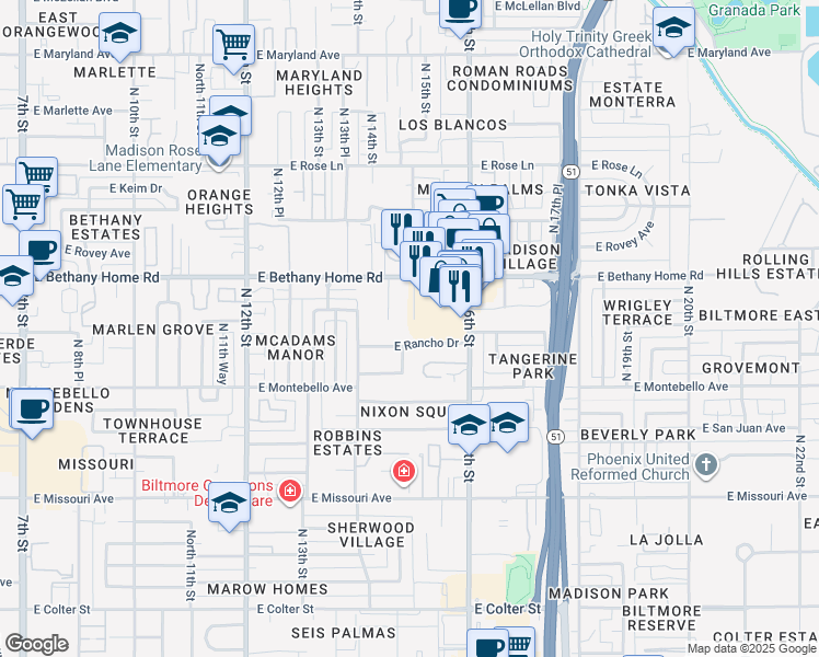 map of restaurants, bars, coffee shops, grocery stores, and more near 5906 North 15th Street in Phoenix