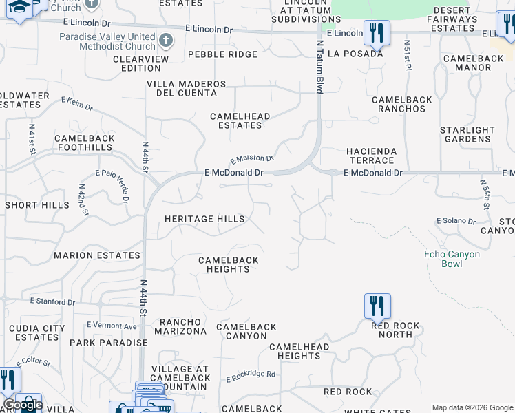 map of restaurants, bars, coffee shops, grocery stores, and more near 4701 East Rancho Drive in Phoenix