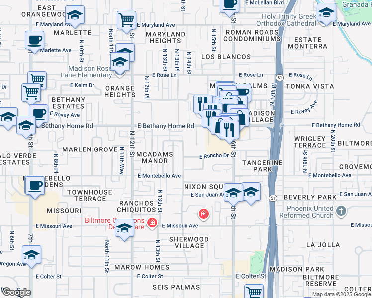 map of restaurants, bars, coffee shops, grocery stores, and more near 5801 North 14th Street in Phoenix