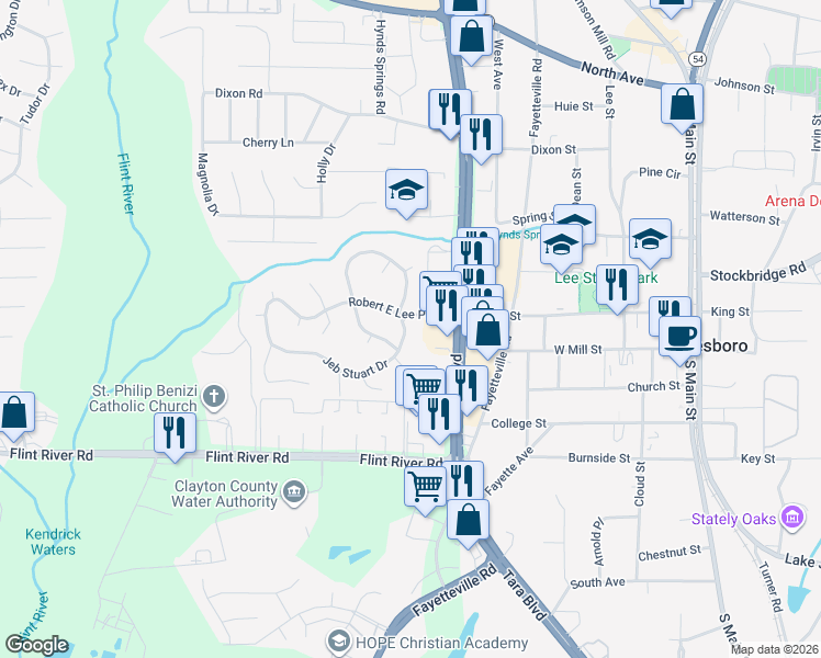 map of restaurants, bars, coffee shops, grocery stores, and more near 776 Jeb Stuart Drive in Jonesboro