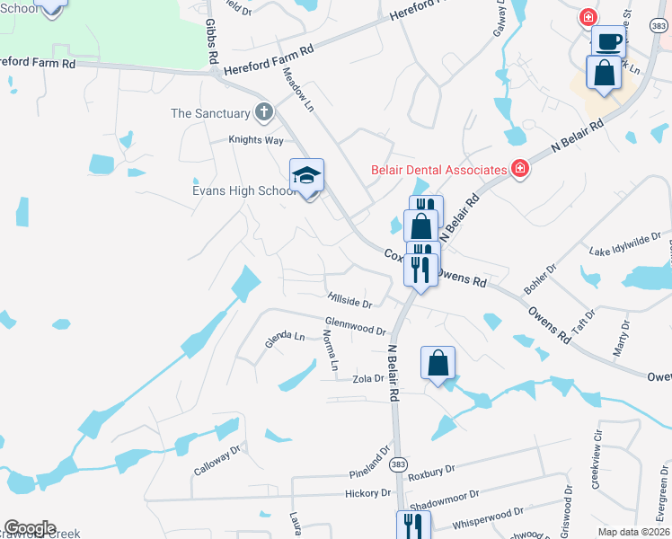 map of restaurants, bars, coffee shops, grocery stores, and more near 231 Dry Creek Road in Evans
