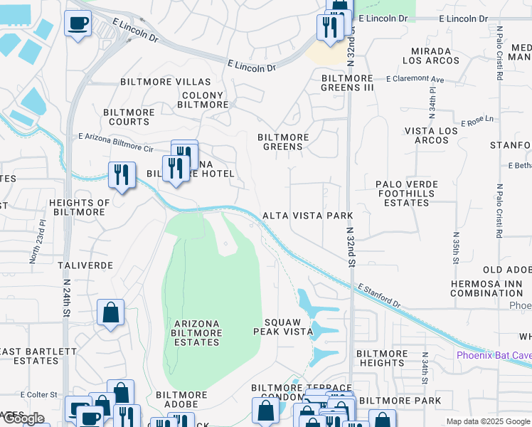 map of restaurants, bars, coffee shops, grocery stores, and more near 2818 East Camino Acequia Drive in Phoenix