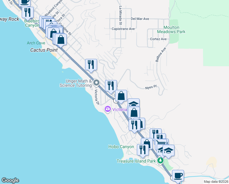 map of restaurants, bars, coffee shops, grocery stores, and more near 2780 Highland Way in Laguna Beach