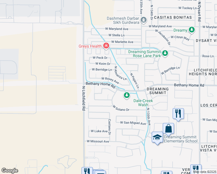 map of restaurants, bars, coffee shops, grocery stores, and more near 13724 Marissa Drive in Litchfield Park