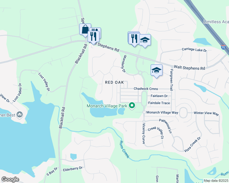 map of restaurants, bars, coffee shops, grocery stores, and more near 141 Tumble Run in Stockbridge