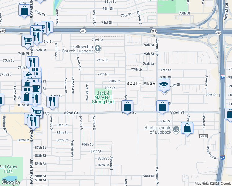 map of restaurants, bars, coffee shops, grocery stores, and more near 1916 80th Street in Lubbock