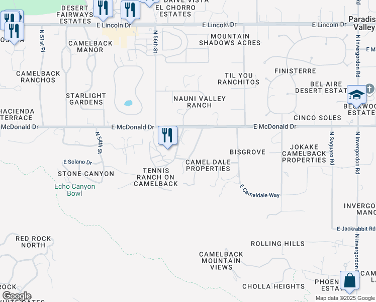 map of restaurants, bars, coffee shops, grocery stores, and more near 5800 East Starlight Way in Paradise Valley