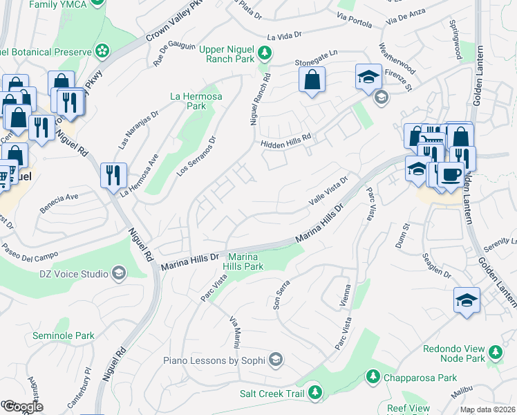 map of restaurants, bars, coffee shops, grocery stores, and more near 10 Novilla in Laguna Niguel
