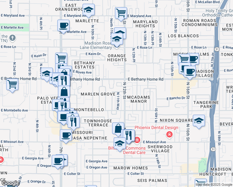 map of restaurants, bars, coffee shops, grocery stores, and more near 1131 E Palo Verde Dr in Phoenix
