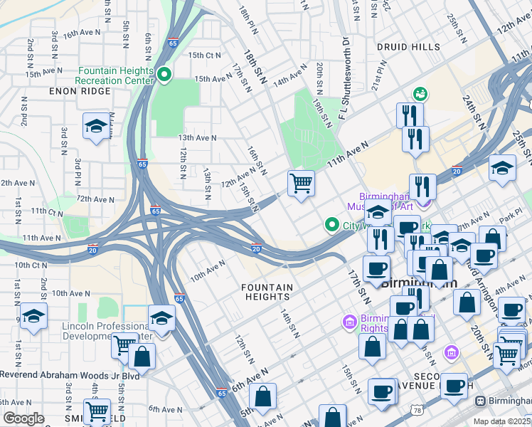 map of restaurants, bars, coffee shops, grocery stores, and more near 1033 15th Street North in Birmingham