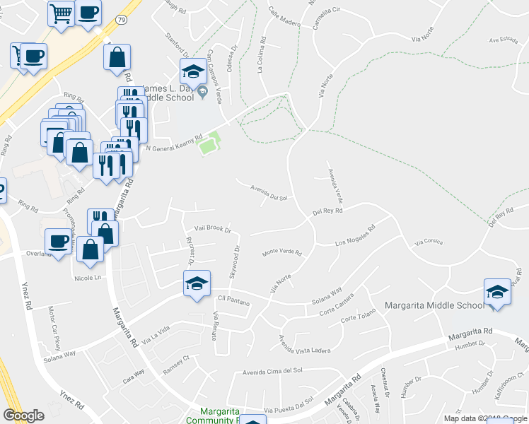 map of restaurants, bars, coffee shops, grocery stores, and more near 41176 Vía Cielito in Temecula