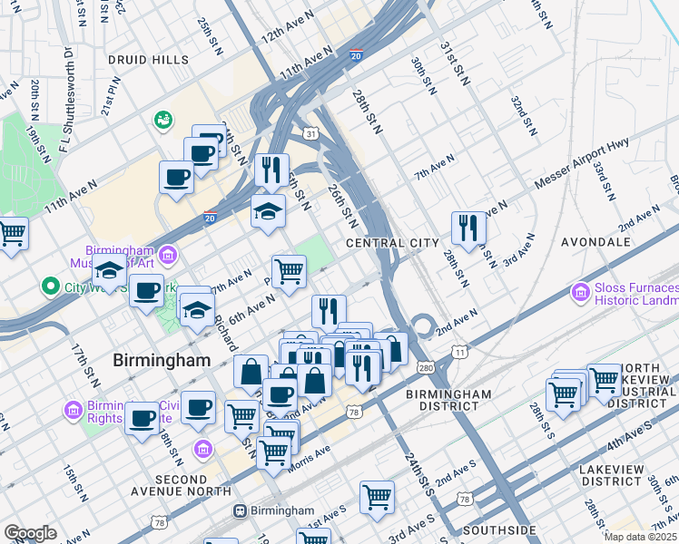 map of restaurants, bars, coffee shops, grocery stores, and more near 526 25th Street North in Birmingham