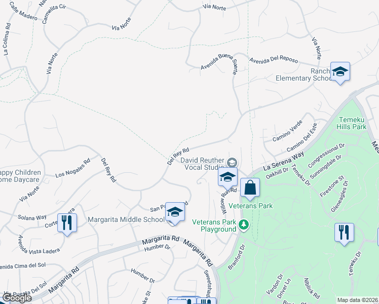 map of restaurants, bars, coffee shops, grocery stores, and more near 30581 Del Rey Road in Temecula