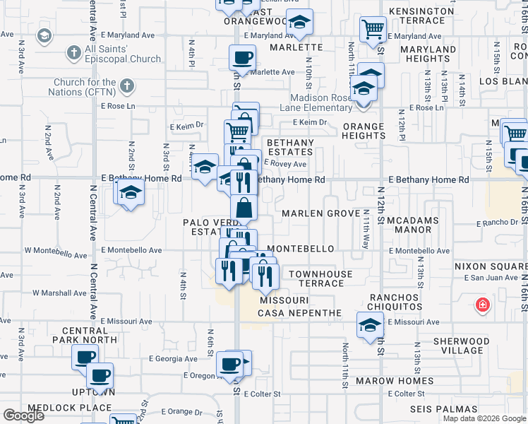 map of restaurants, bars, coffee shops, grocery stores, and more near 5802 North 8th Place in Phoenix