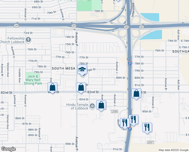 map of restaurants, bars, coffee shops, grocery stores, and more near 1316 80th Street in Lubbock