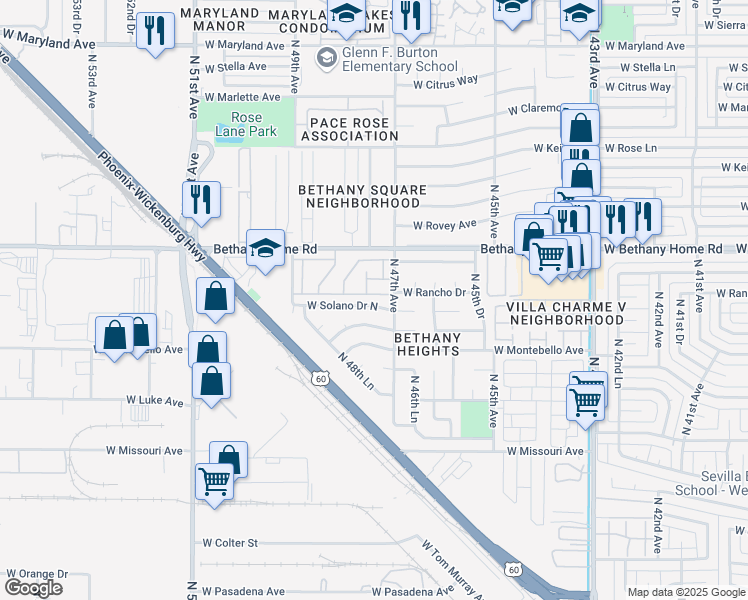 map of restaurants, bars, coffee shops, grocery stores, and more near 4718 West Solano Drive North in Glendale