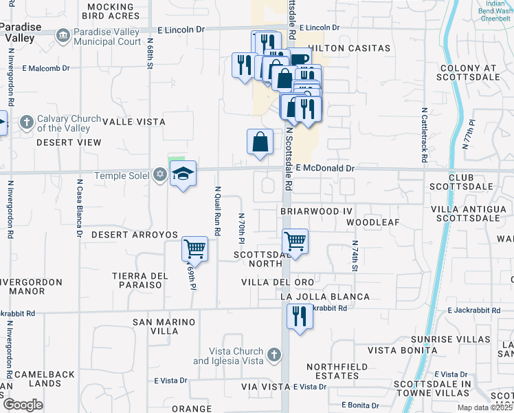 map of restaurants, bars, coffee shops, grocery stores, and more near 5833 North 70th Place in Paradise Valley