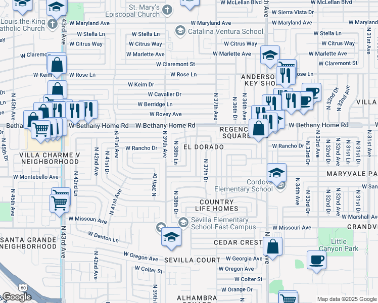 map of restaurants, bars, coffee shops, grocery stores, and more near 5748 North 38th Drive in Phoenix