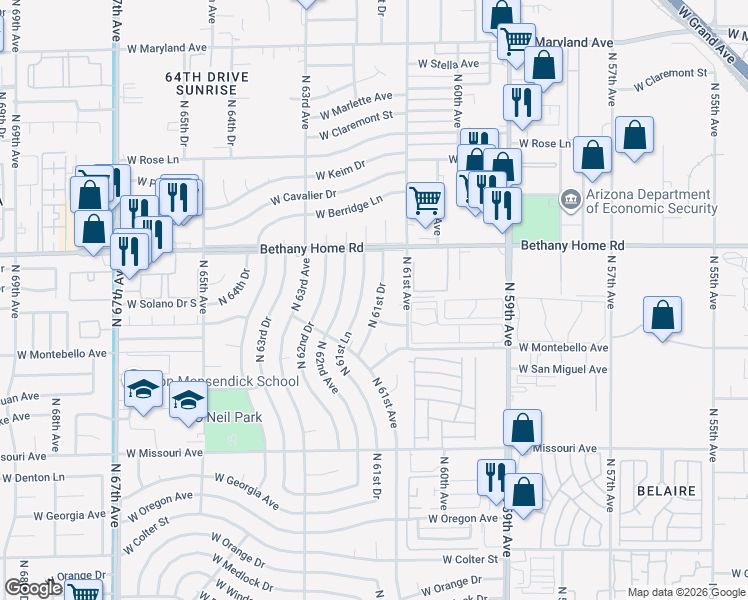 map of restaurants, bars, coffee shops, grocery stores, and more near 5747 North 61st Lane in Glendale