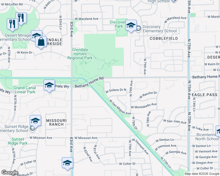 map of restaurants, bars, coffee shops, grocery stores, and more near 7994 West Solano Drive in Glendale