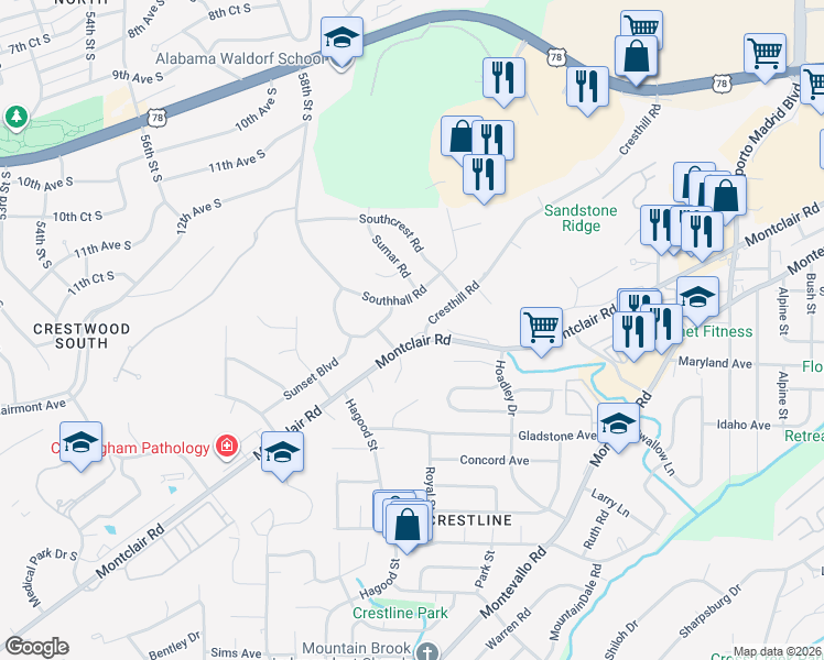 map of restaurants, bars, coffee shops, grocery stores, and more near 1200 Cresthill Road in Birmingham