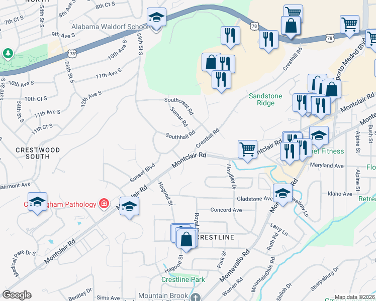 map of restaurants, bars, coffee shops, grocery stores, and more near 1200 Cresthill Road in Birmingham