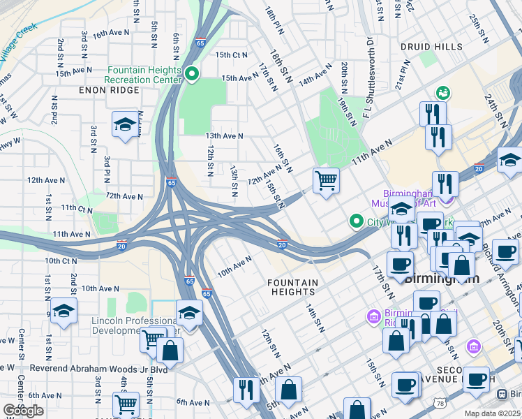 map of restaurants, bars, coffee shops, grocery stores, and more near 1404 11th Avenue North in Birmingham