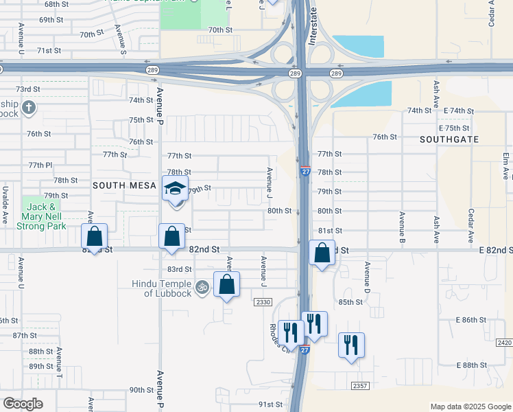 map of restaurants, bars, coffee shops, grocery stores, and more near 1110 80th Street in Lubbock