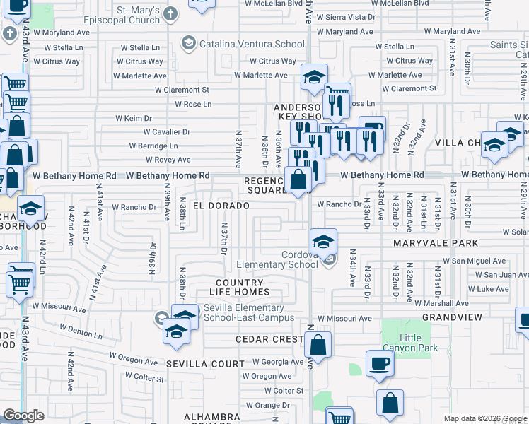 map of restaurants, bars, coffee shops, grocery stores, and more near 3622 West Rancho Drive in Phoenix