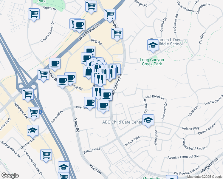 map of restaurants, bars, coffee shops, grocery stores, and more near 41607 Margarita Road in Temecula