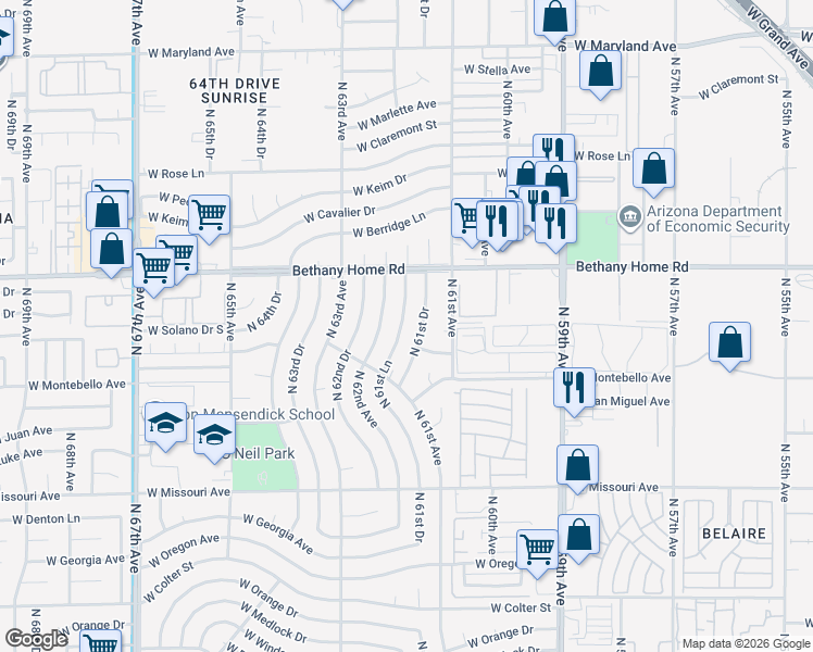 map of restaurants, bars, coffee shops, grocery stores, and more near 5747 North 61st Lane in Glendale