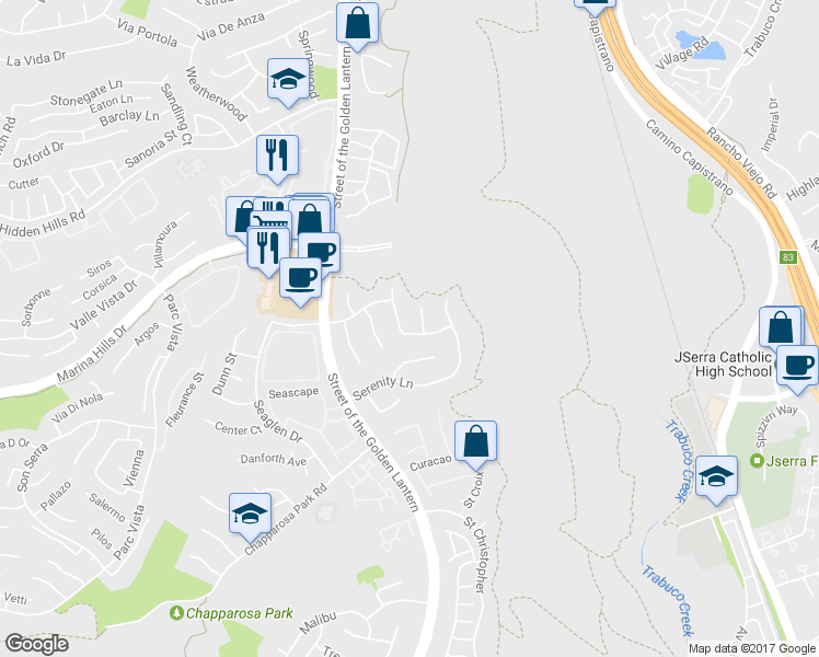 map of restaurants, bars, coffee shops, grocery stores, and more near 20 Precipice in Laguna Niguel