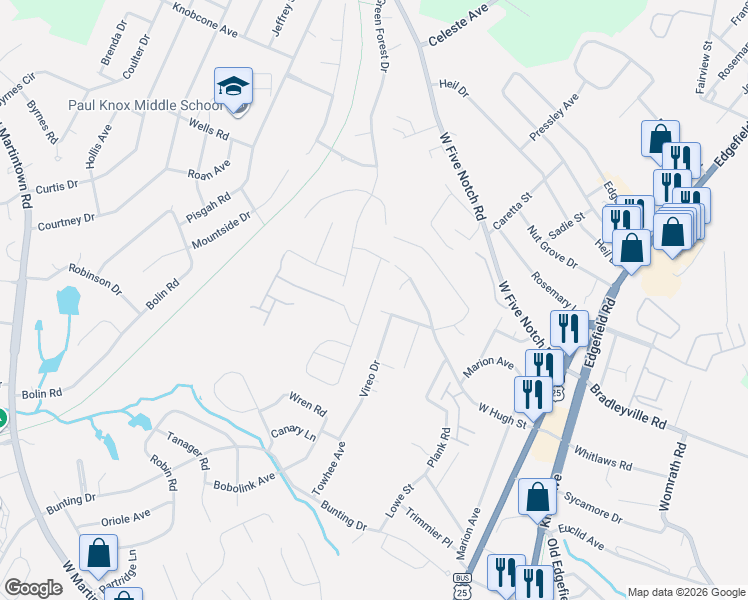 map of restaurants, bars, coffee shops, grocery stores, and more near 135 Bobbye Drive in North Augusta