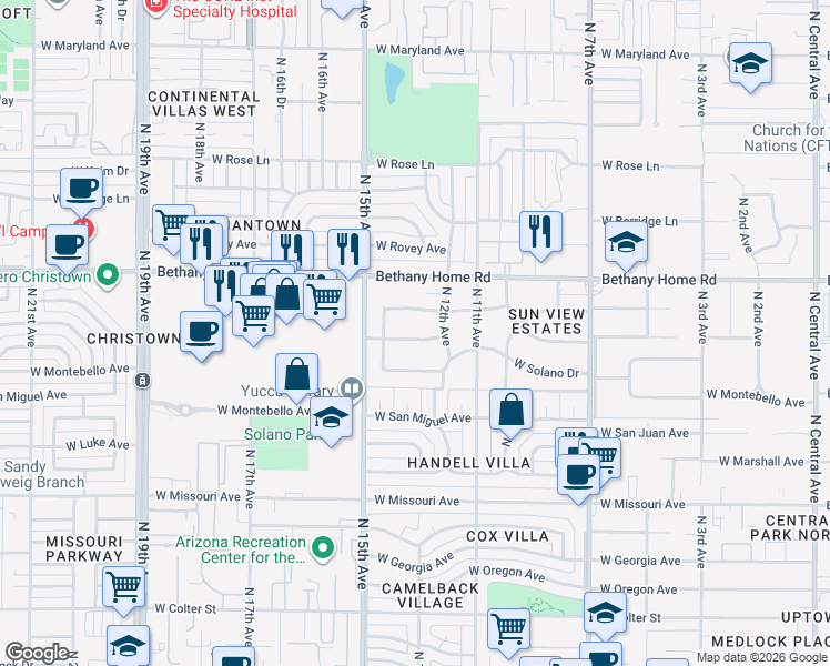 map of restaurants, bars, coffee shops, grocery stores, and more near 1226 West Rancho Drive in Phoenix