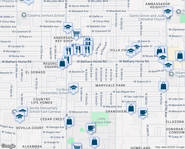 map of restaurants, bars, coffee shops, grocery stores, and more near 5741 North 33rd Avenue in Phoenix