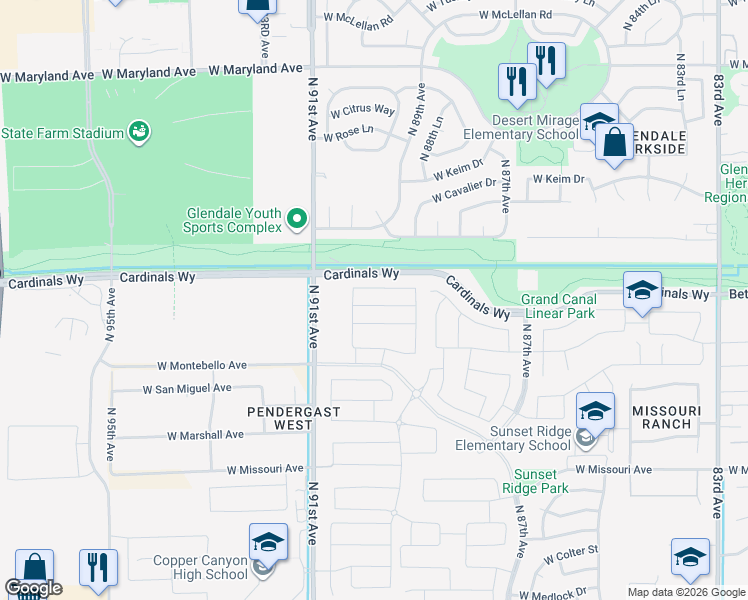 map of restaurants, bars, coffee shops, grocery stores, and more near 8948 West Bethany Heights Drive in Glendale