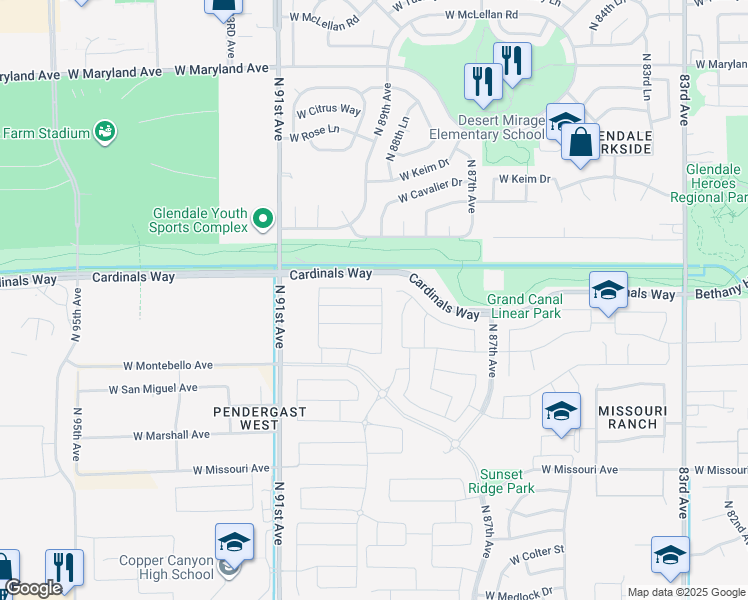 map of restaurants, bars, coffee shops, grocery stores, and more near 8908 West Bethany Heights Drive in Glendale